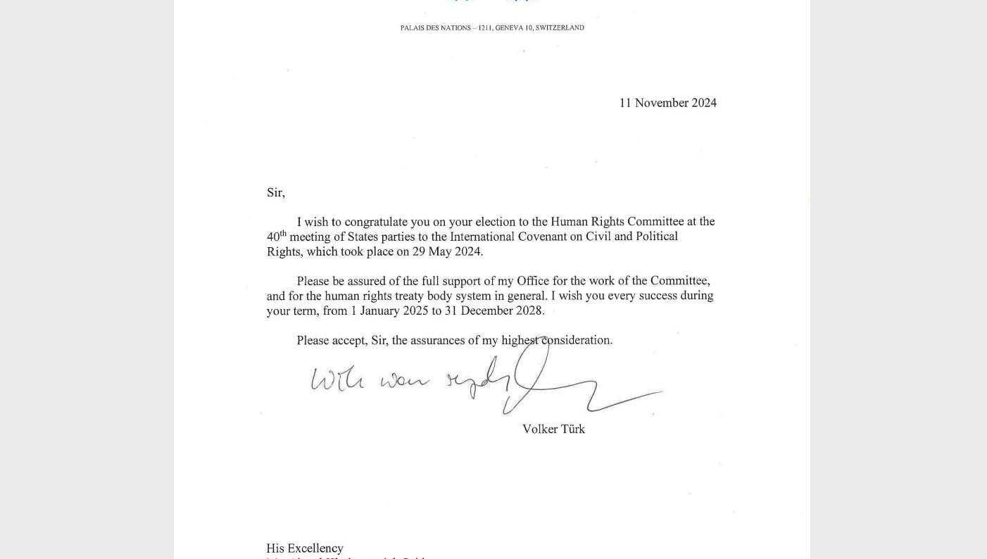 Akmal Saidov received a congratulatory letter from Folker Turk