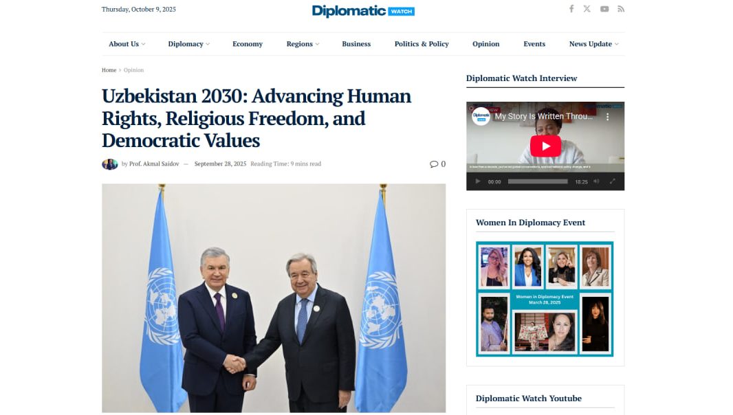 АҚШнинг “The Diplomatic Watch” нашрида Янги Ўзбекистон ҳаётига бағишланган мақола чиқди