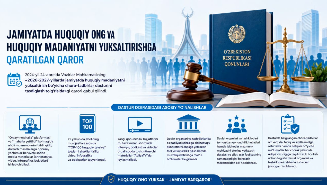 Жамиятда ҳуқуқий онг ва ҳуқуқий маданиятни юксалтиришга қаратилган қарор