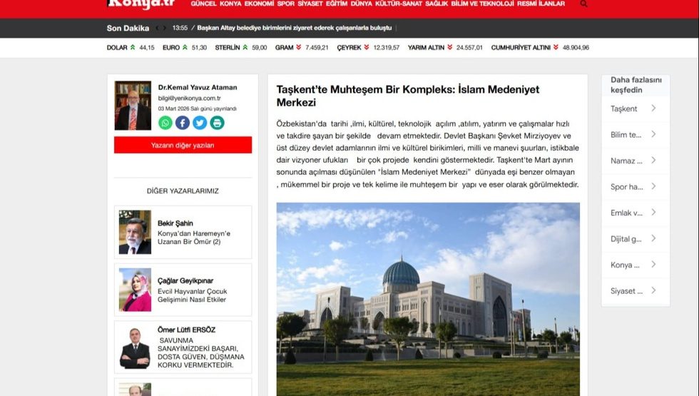 Yeni Konya:"Тошкентдаги муҳташам мажмуа: Ислом цивилизацияси маркази"