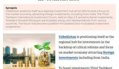 “The Economic Times”: O‘zbekiston – mintaqaviy sarmoya markazi